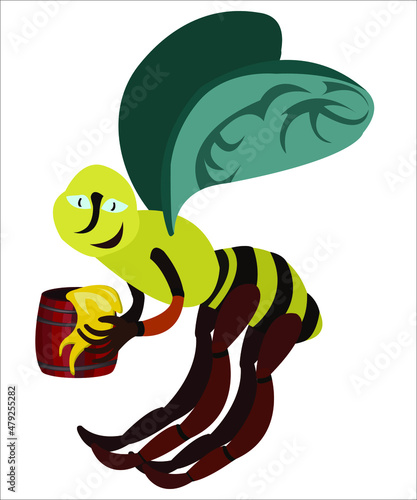A working bee with a barrel filled by honey. A likely concept of honey manufacturing. Vector illustration, isolated.