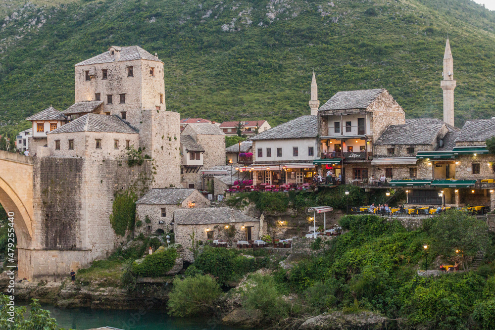 MOSTAR, BOSNIA AND HERZEGOVINA - JUNE 10, 2019: Old stone buildings in Mostar. Bosnia and Herzegovina