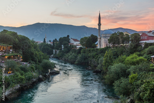 Evening view of Neretva river in Mostar. Bosnia and Herzegovina