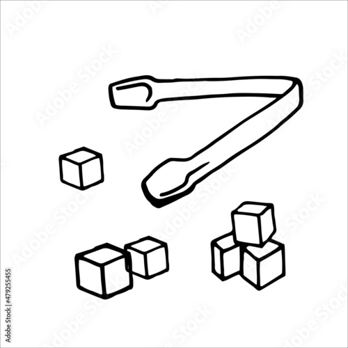 Refined sugar and sugar tongs. Doodle element for design
