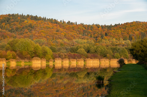Fototapeta Naklejka Na Ścianę i Meble -  Staw w Bieszczadach jesienną porą. A pond in the Bieszczady Mountains in autumn