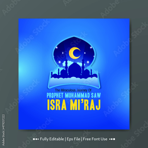 happy Isra miraj islamic holiday flat illustration greeting social media banner template  