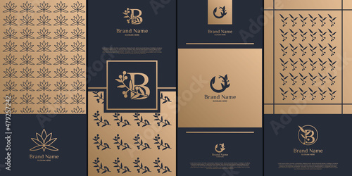 Luxury logo and gold packaging design. nature, luxury lotus, wellness, flower, pattern.