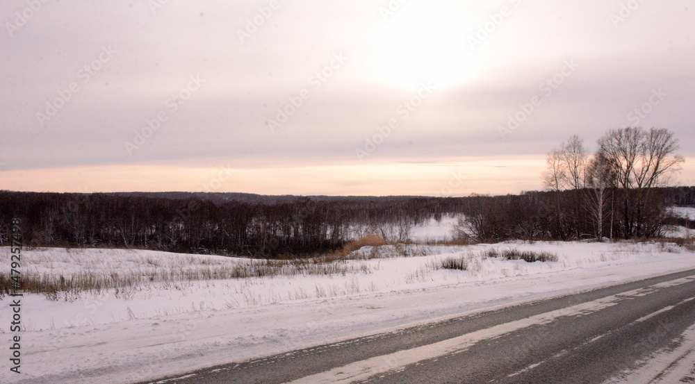 An asphalt road going through a snow-covered field and a birch forest on a winter evening. An asphalt road going through a snow-covered field and a birch forest on a winter evening.