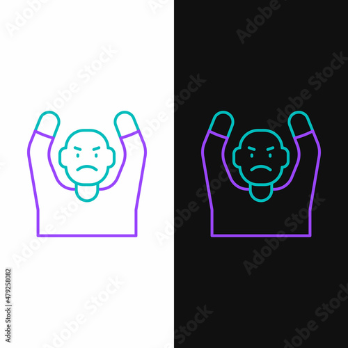Line Thief surrendering hands up icon isolated on white and black background. Man surrendering with both hands raised in air. Colorful outline concept. Vector