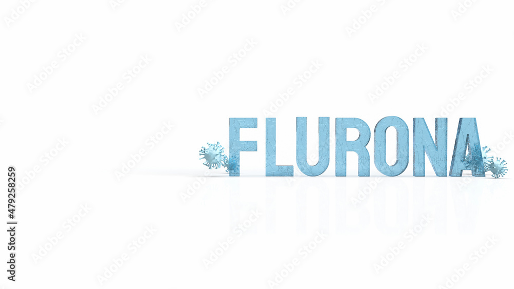 The flurona word and virus on white background  for outbreaks or sci concept 3d rendering