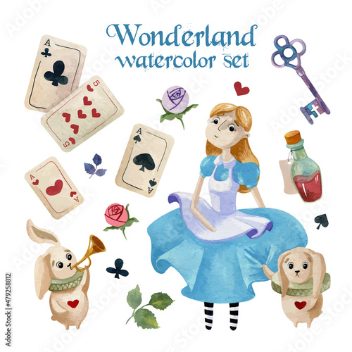 Watercolor wonderland set. Hand drawn vintage art work with white rabbit, girl in blue dress and playing cards
