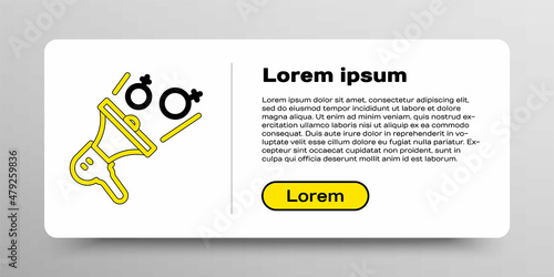 Line Female movement, feminist activist with banner and placards icon isolated on white background. Feminist rights movement, feminism sisterhood. Colorful outline concept. Vector