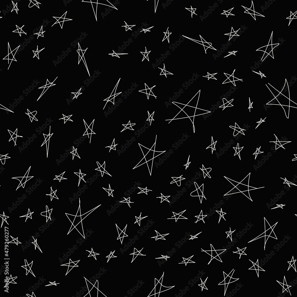 Seamless pattern with hand drawn sketch stars. Doodle illustration white stars on a black background. Vector background night sky. Seamless pattern with hand drawn sketch stars. Doodle illustration white stars on a black background. Vector background night sky.