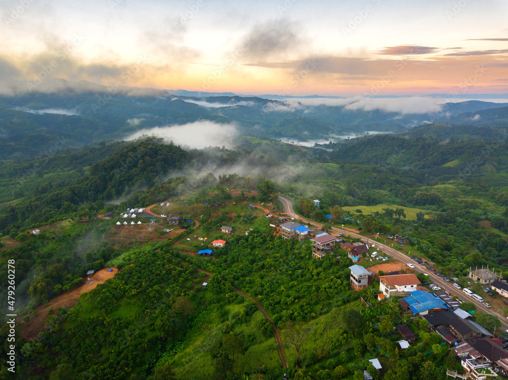 Top view Aerial photo from flying drone over Mountain and Mist in Pha Chang noi  Phayao Province  Thailand,ASIA.