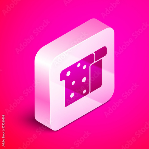 Isometric Bread toast for sandwich piece of roasted crouton icon isolated on pink background. Lunch, dinner, breakfast snack. Silver square button. Vector