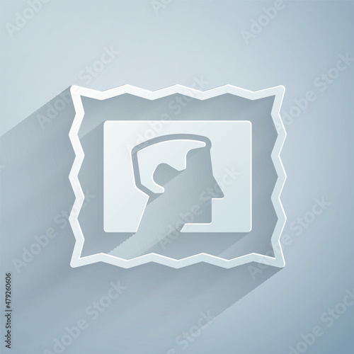 Paper cut Postal stamp icon isolated on grey background. Paper art style. Vector