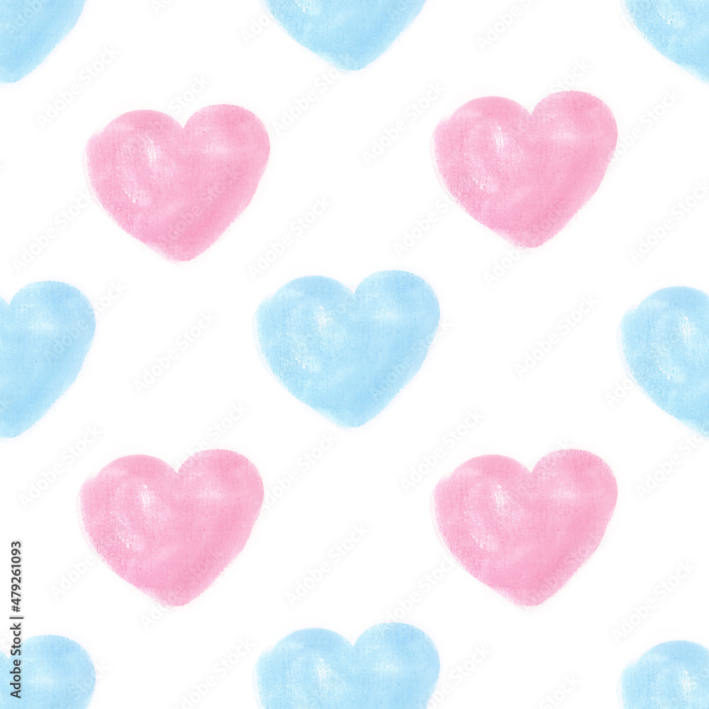Blue and pink watercolor hearts on a white background. Seamless pattern. Delicate, pastel color.
