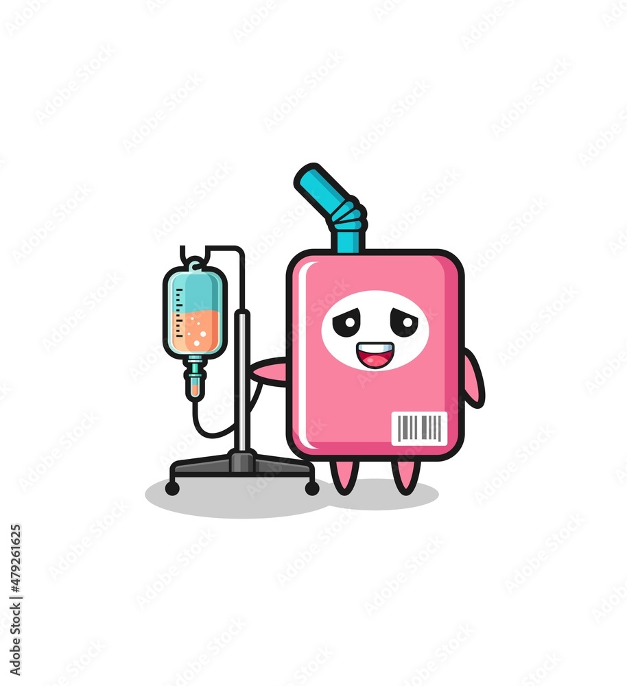 Naklejka premium cute milk box character standing with infusion pole