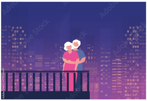 Loving senior couple embracing at balcony   on cityscape night time vector illustration. Valentine, marriage, wedding and love concept