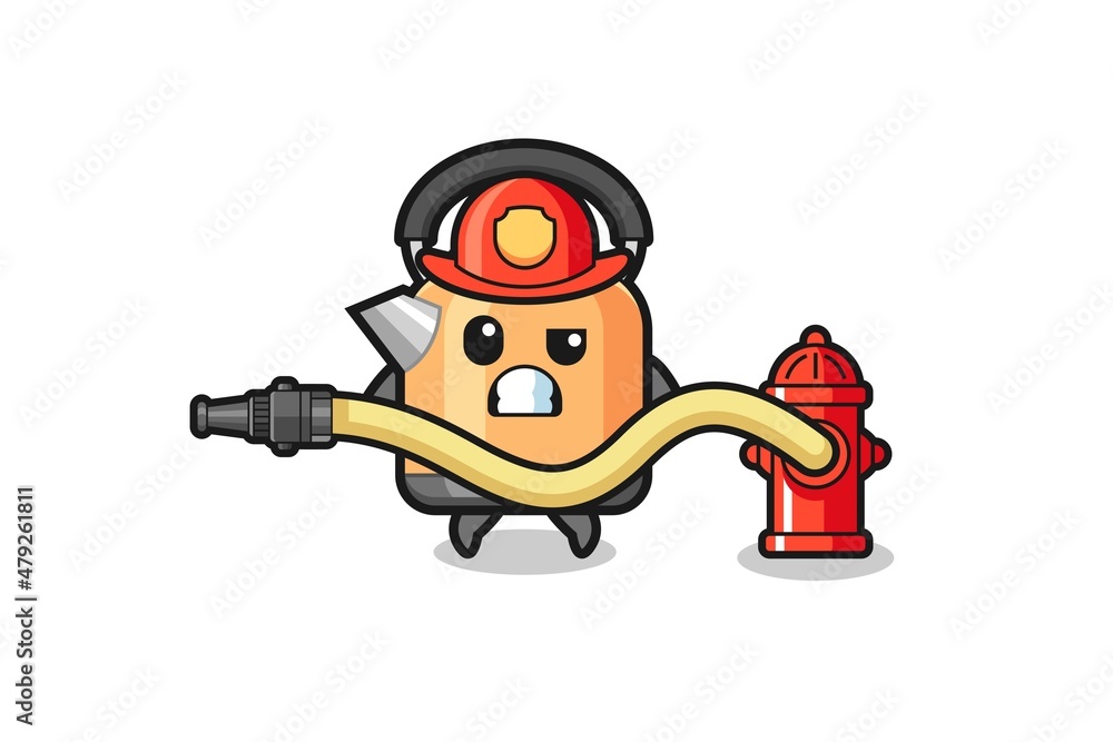 Naklejka premium kettle cartoon as firefighter mascot with water hose