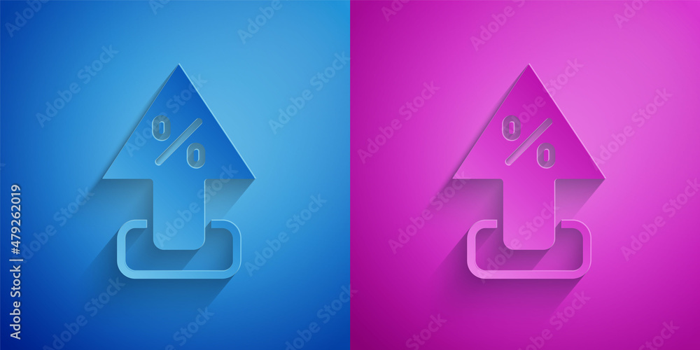 Paper cut Percent up arrow icon isolated on blue and purple background. Increasing percentage sign. Paper art style. Vector Paper cut Percent up arrow icon isolated on blue and purple background. Increasing percentage sign. Paper art style. Vector