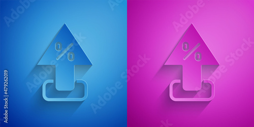 Paper cut Percent up arrow icon isolated on blue and purple background. Increasing percentage sign. Paper art style. Vector