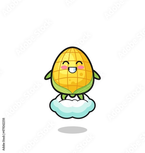 cute corn illustration riding a floating cloud