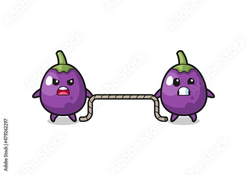 cute eggplant character is playing tug of war game