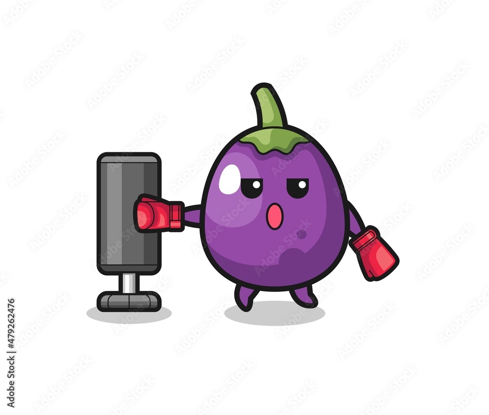 eggplant boxer cartoon doing training with punching bag eggplant boxer cartoon doing training with punching bag