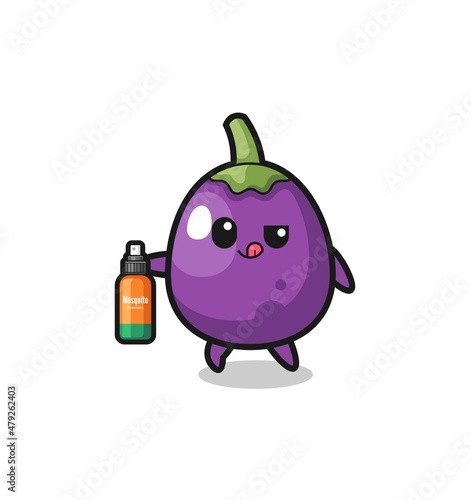 cute eggplant holding mosquito repellent