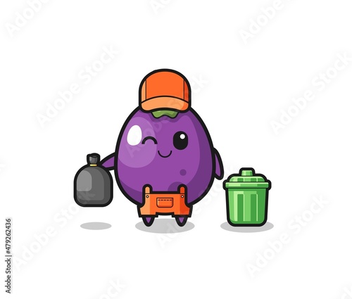 the mascot of cute eggplant as garbage collector