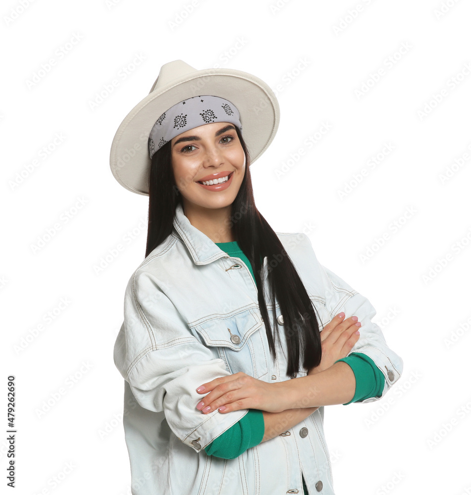 Fashionable young woman in stylish outfit with bandana on white background Fashionable young woman in stylish outfit with bandana on white background
