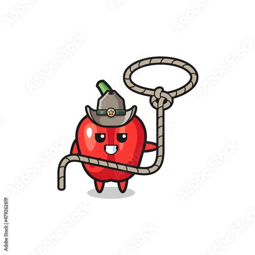 the red bell pepper cowboy with lasso rope