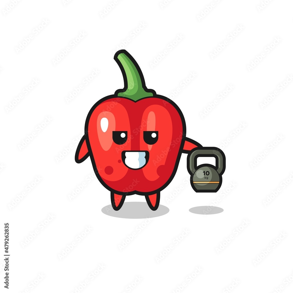red bell pepper mascot lifting kettlebell in the gym red bell pepper mascot lifting kettlebell in the gym
