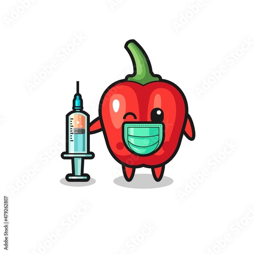 red bell pepper mascot as vaccinator