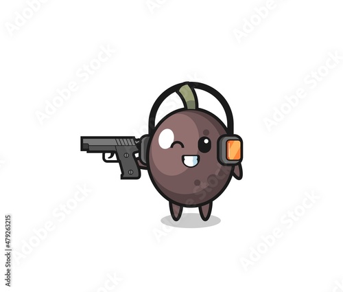 illustration of black olive cartoon doing shooting range