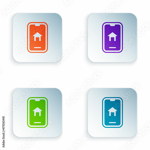 Color Online real estate house on smartphone icon isolated on white background. Home loan concept, rent, buy, buying a property. Set colorful icons in square buttons. Vector