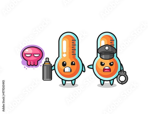 thermometer cartoon doing vandalism and caught by the police