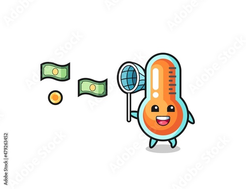 illustration of the thermometer catching flying money