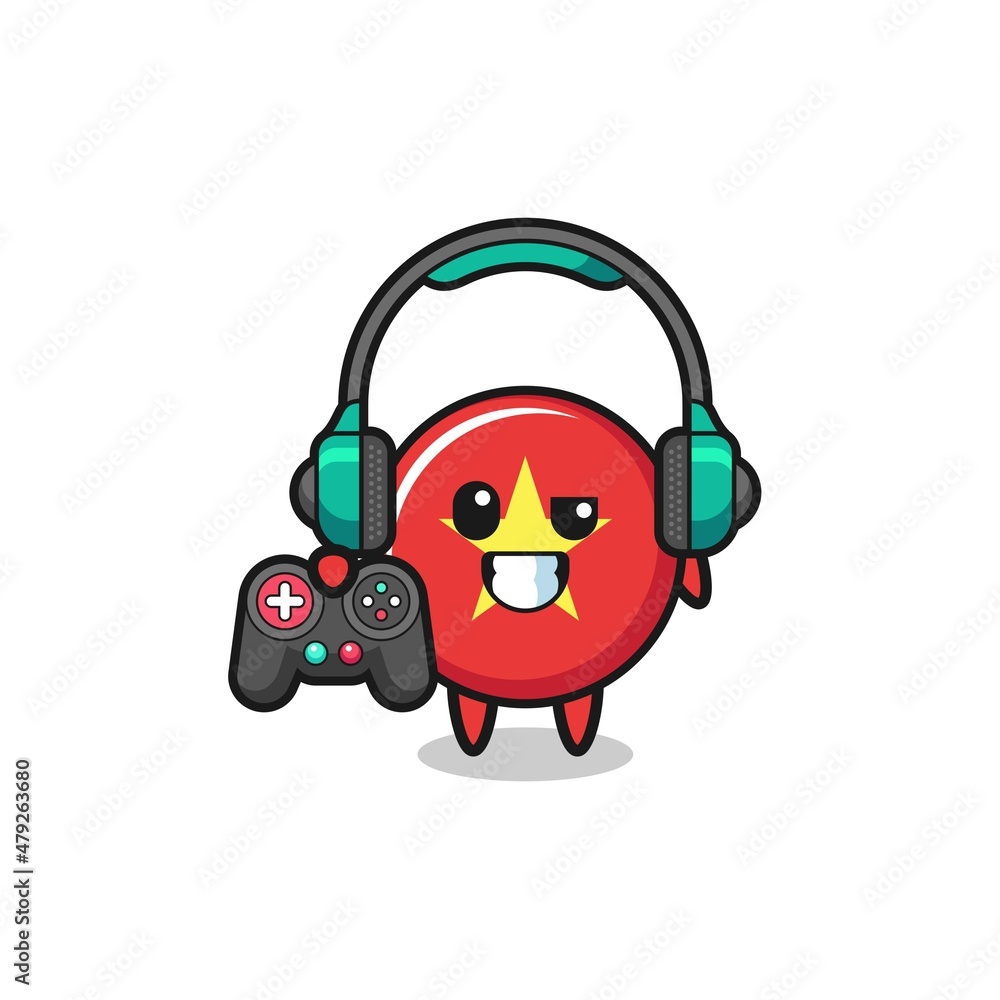 vietnam flag gamer mascot holding a game controller