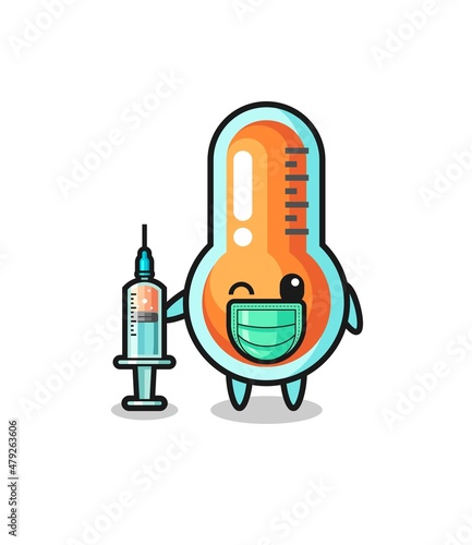 thermometer mascot as vaccinator