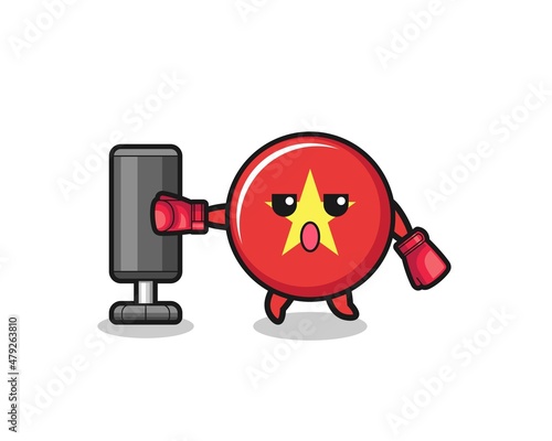 vietnam flag boxer cartoon doing training with punching bag