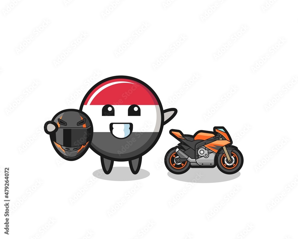 cute yemen flag cartoon as a motorcycle racer
