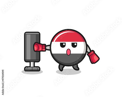 yemen flag boxer cartoon doing training with punching bag