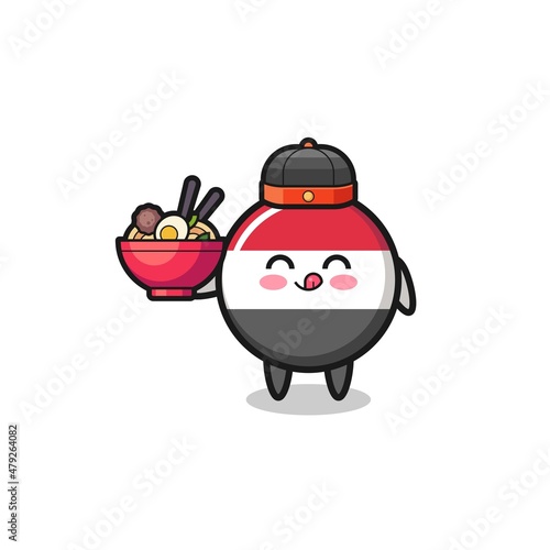 yemen flag as Chinese chef mascot holding a noodle bowl