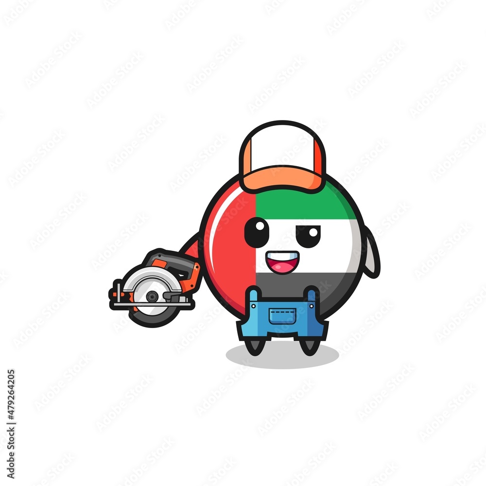 Fototapeta premium the woodworker uae flag mascot holding a circular saw