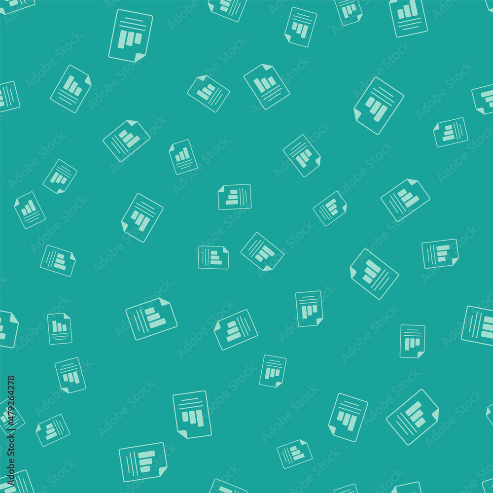 Green Document with graph chart icon isolated seamless pattern on green background. Report text file icon. Accounting sign. Audit, analysis, planning. Vector Green Document with graph chart icon isolated seamless pattern on green background. Report text file icon. Accounting sign. Audit, analysis, planning. Vector