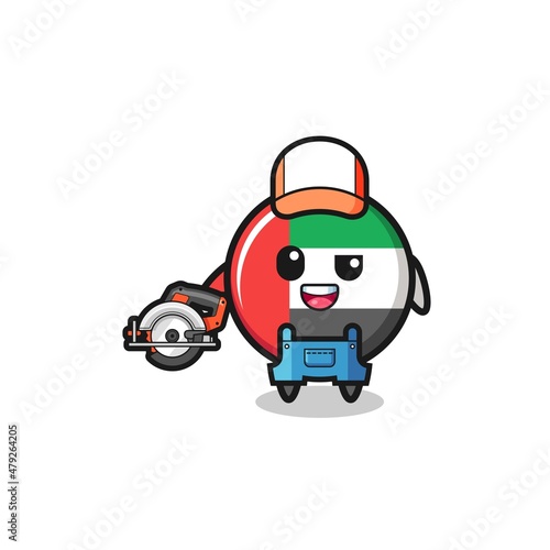 the woodworker uae flag mascot holding a circular saw