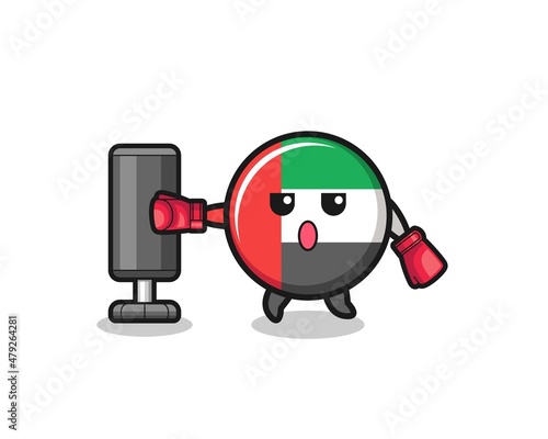 uae flag boxer cartoon doing training with punching bag