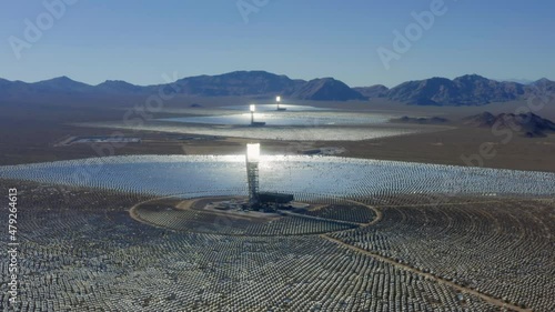 Aerial drone view of Operating Receiver, Power Block and Heliostat Array, Solar Energy Tower Facility in Crescent Dunes, Tonopah, Nevada USA photo