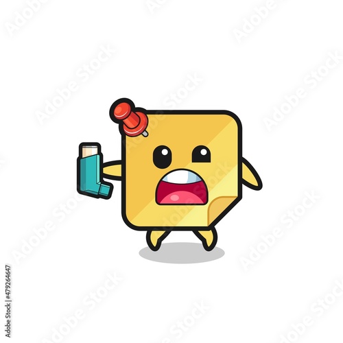 sticky notes mascot having asthma while holding the inhaler