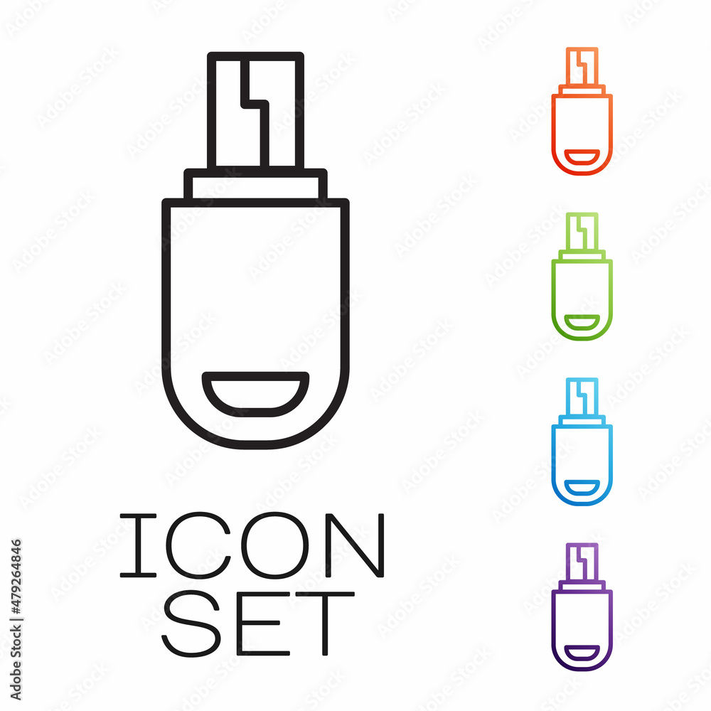 Black line USB flash drive icon isolated on white background. Set icons colorful. Vector Illustration Black line USB flash drive icon isolated on white background. Set icons colorful. Vector Illustration