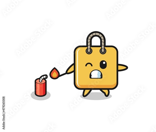 shopping bag mascot illustration playing firecracker