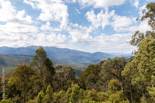 Photograph of a large range and valley in the Snowy Mountains in Australia